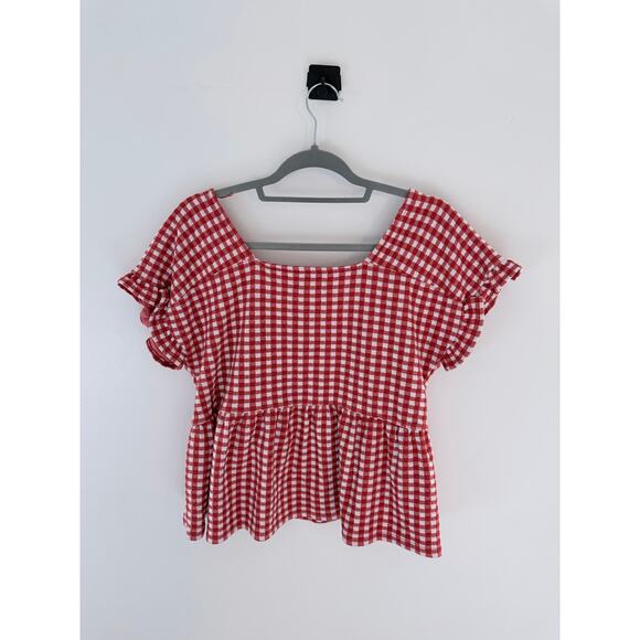 Madwell Red & White Gingham Knit Ruffle-Hem Top-Size M - Picture 4 of 7